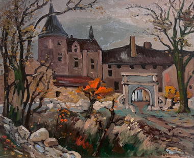 Chateau Gardens in Quiet French Village Autumnal Impressionist Oil Painting 1869: About the Item Autum Gardens signed by Georges Bordonave (French contemporary) oil painting on board, unframed board: 18 x 21.5 inches condition: very good provenance: from a large private collection