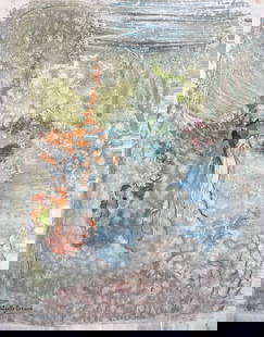 French Mid-Century Mixed Media Painting of Bride and Groom in Dreamlike Forest: About the Item Title: French Mid-Century Mixed Media Painting of Bride and Groom in Dreamlike Forest by Anne Marie Migette Perard (French 1902-1977) Signed: Yes Medium: Mixed media and watercolour on
