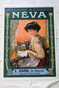 Nouveau Sewing Machine Ad 'Neva' (1880's) 20.5x29 French Poster LB: Nouveau Sewing Machine Ad 'Neva' (1880's) 20.5x29 French Poster LB, Please refer to the attached photos to determine the condition of this original vintage item. Note: LB means Linen Backed. Ready for