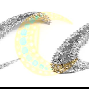 Antique Emerald Diamond Crescent Moon Brooch Pin 18K Yellow Gold 2.42 CTW 7.73 G: Antique Emerald Diamond Crescent Moon Brooch Pin 18K Yellow Gold 2.42 CTW 7.73 Gr This is a gorgeous one-of-a-kind brooch from the Victorian era. Please let us know if you have any questions. Circa: 1