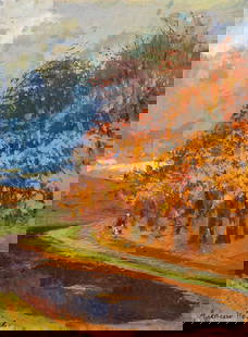 Polyakov Olexiy (Ukrainian artist), "Autumn days", oil on canvas: ARTIST: Polyakov Olexiy Ivanovich, Ukrainian artist TITLE: "Autumn days" SIZE: 77 x 55 cm, (30 1/4 x 21 3/4 in.) MEDIUM: oil on canvas YEAR OF CREATION: not dated CONDITION: The painting is in good vi