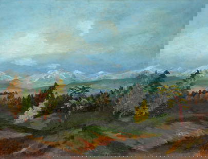 Unidentified (Ukrainian artist), "Mountain landscape", oil on canvas: ARTIST: Unidentified Artist TITLE: "Mountain landscape" SIZE: 45 x 57 cm, (17 3/4 x 22 2/4 in.) MEDIUM: oil on canvas YEAR OF CREATION: not dated CONDITION: The painting is in good vintage condition,