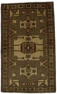 Vintage Khaki Tribal 4X7 Hamedan Persian Rug: Title: Vintage Khaki Tribal 4X7 Hamedan Persian Rug Description:Hand Knotted vintage Persian rug made with vegetable dyes (fine wool pile and cotton foundation), exceptional knot count, and alluring a