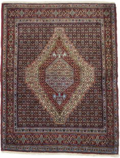 Vintage Floral Geometric 4X5 Bidjar Sanneh Persian Rug: Title: Vintage Floral Geometric 4X5 Bidjar Sanneh Persian Rug Description:Hand Knotted vintage 4X5 purple-navy Persian rug made with natural dyes (fine wool pile and cotton foundation), superior knot