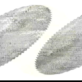 Cloud Gray, Abstract Design, Wool and Silk, Hand Knotted, Round Rug: Title: Cloud Gray, Abstract Design, Wool and Silk, Hand Knotted, Round Rug Description: This is a truly genuine one-of-a-kind. It has been Knotted for months and months in the centuries-old weaving cr