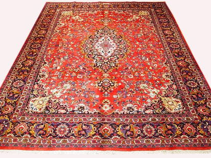 9' x 12' SIGNED Persian Mashad Rug 1170: Title:9' x 12' SIGNED Persian Mashad Rug 1170 Description:Size in Feet: Width: 9' x Length: 12' Size in Inches: Width: 108 in x Length: 144 in Colors: Red Orange, Eggplant Purple Weave: 100% Handmade