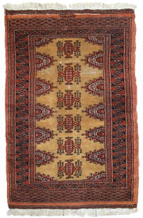 Handmade vintage Uzbek Bukhara rug 2.5' x 3.9' (77cm x120cm) 1960s: Title: Handmade vintage Uzbek Bukhara rug 2.5' x 3.9' (77cm x120cm) 1960s Origin:Uzbekistan Dimension: 2.5' x 3.9' (77cm x 120cm) Materials:wool Year:1960s Description:Handmade vintage Uzbek Bukhara r