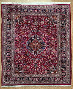 Persian Mashad Hand Knotted Rug 8'4" x 11'3": Title:Persian Mashad Hand Knotted Rug 8'4" x 11'3" Description:&#8226; Rug Number: H230 &#8226; Country of Origin: Iran &#8226; Style, Design: Persian Mashadd, Floral, Medallion &#8226; Size (Ft): 8'4