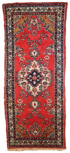 Handmade vintage Persian Hamadan runner 2.6' x 6.3' (81cm x 194cm) 1960s: Title: Handmade vintage Persian Hamadan runner 2.6' x 6.3' (81cm x 194cm) 1960s Origin:Middle East Dimension: 2.6' x 6.3' (81cm x 194cm) Materials:wool Year:1960s Description:Handmade vintage Hamadan
