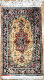 Persian Silk Qum Hand Knotted Oriental Rug 2'8" x 4'3": Title:Persian Silk Qum Hand Knotted Oriental Rug 2'8" x 4'3" Description:&#8226; Rug Number: 26 &#8226; Country of Origin: Iran &#8226; Style, Design: Persian Silk Qum, Geometric, Animals, Hooka &#822
