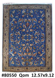 9' x 13' Blue Persian Qum Rug 80550: Title:9' x 13' Blue Persian Qum Rug 80550 Description:Size in Feet: Width: 9 x Length: 13 Size in Inches: Width: 110 in x Length: 151 in Colors: Blue Weave: 100% Handmade Pile: 3/8" Wool Style: Qum Or