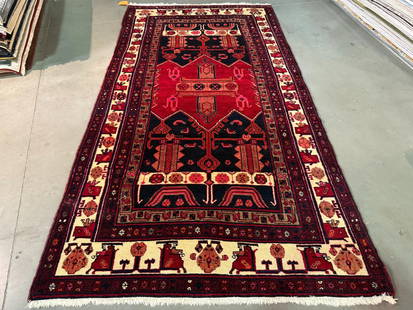 Stunning Persian Hamedan Rug 5x9.7: Title:Stunning Persian Hamedan Rug 5x9.7 Description:5'.0"X 9'.7" eye catching Authentic Persian Hamedan , in Geometric pattern multi accent colors, Vege dye Hand Knotted in Iran 100% Natural wool pil
