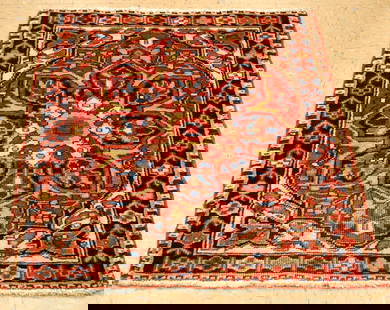 PERSIAN HERIZ RUG 2'8" x 3'3": Title: PERSIAN HERIZ RUG 2'8" x 3'3" Description:OLD,ANTIQUE RARE SIZE AUTHENTIC HANDKNOTTED PERSIAN HERIZ SERAPI RUG.Geometric design with many wonderful colors with wool woven on cotton foundation a