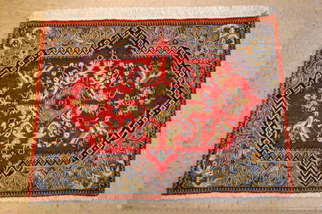 Persian KESHAN RUG 2'3"x 2' 11": Title: Persian KESHAN RUG 2'3"x 2' 11" Description:OLD,ANTIQUE KORK WOOL_HIGH KPSI AUTHENTIC HAND KNOTTED Persian KESHAN RUG ...BIRDS SUBJECT.......with an exact size of 2'3"x 2' 11" Colors include Go