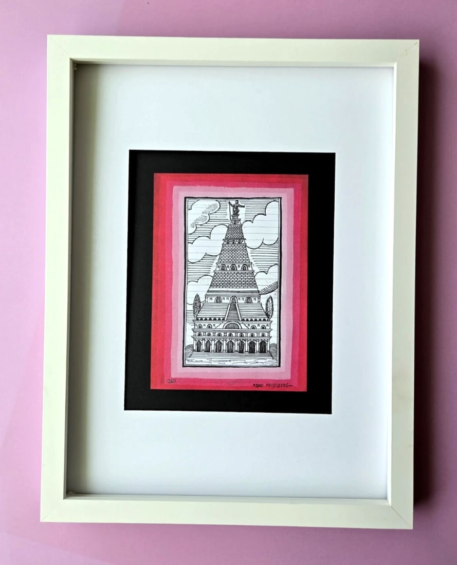 Pedro Friedeberg Signed Print 16x12" – Surreal Temple Tower in the Clouds (1 of 2)