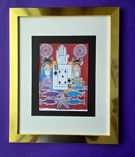 Pedro Friedeberg – “QUEEN OF BLACK HEARTS” | Surrealist Symbolic Signed Print: We have for Sale this PEDRO FRIEDEBERG AWESOME PRINT ON PAPER " SACRED SEA WATERS " FACSIMILE SIGNED FULL OF COLOR PRINT SIZE OF THE PRINT: 7 X 5 in FRAME COVERS AN AREA OF 15 X 12 in MOUNTED AND FRAM