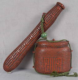 19c lacquered sagemono TOBACCO BOX, PIPE CASE OJIME