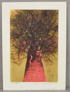 Joichi HOSHI print HIGH TREETOP (RED) 1976: Original woodblock print HIGH TREETOP (RED) by Joichi Hoshi (1913-1979) printed in 1976, framed and glazed. All the misty whitish areas or lines on enlargements are reflections from photography.