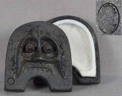 1920s tea ceremony Japanese ceramic KOGO roof tile signed: Late Meiji to early Showa (1910s - 1930s) Japanese pottery kogo (box for holding incense during tea ceremony) in a form of a roof tile with a face of an oni (little mischievous demon). Wonderful