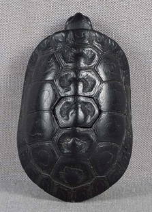 19c IWAMI netsuke TURTLE by SHIGEYOSHI: 19th century Iwami school ebony netsuke of a turtle with its head sticking out of the carapace. Superb detailed carving - see its claws, leathery skin and tail textures, skin folds at the nec and