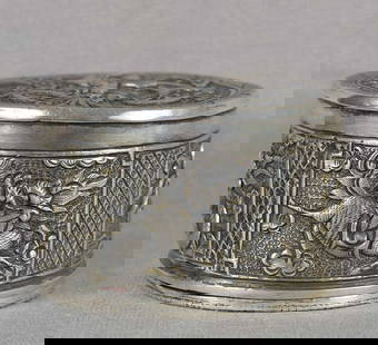 19c Chinese silver OPIUM BOX Precious Gem dragon phoenix qilin tortois: 19th century Chinese silver opium box decorated in low relief: its top with a dragon (symbol of the Emperor) and phoenix (symbol of the Empress) in flight among clouds contesting the Precious Gem, the