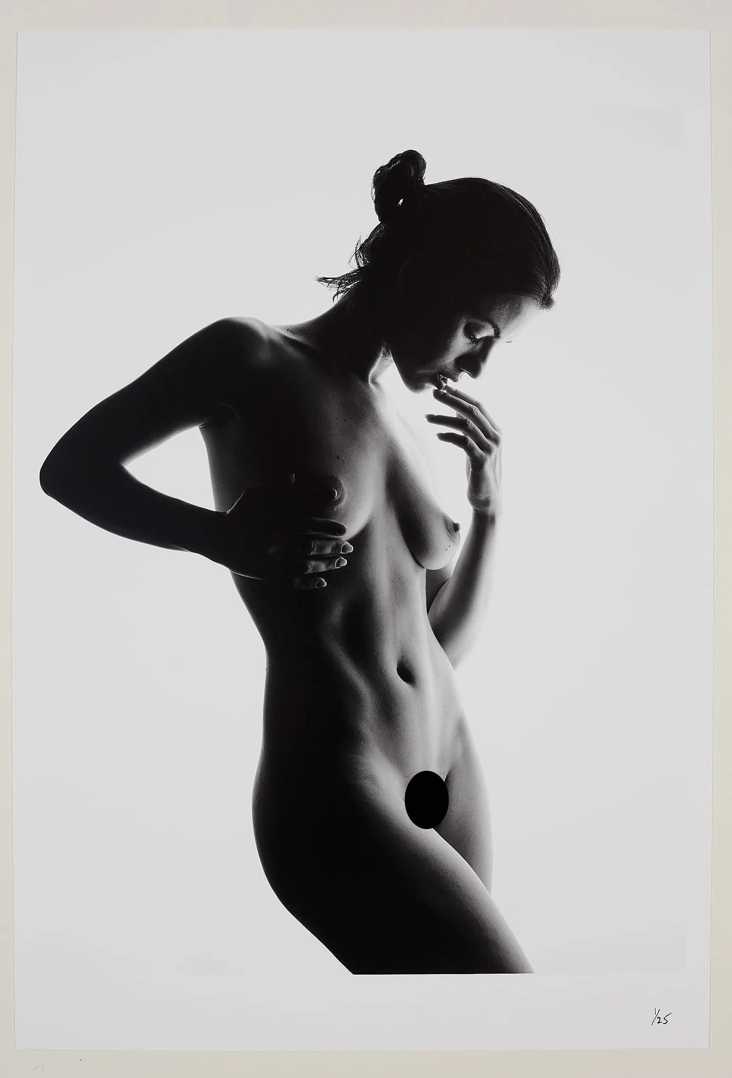 Spiros Politis(1969-)Delaia Silhouetted""(1/25): Artist: Spiros Politis(1969-) Title: Delaia Silhouetted""(1/25) Date: 2025 Dimensions: 19" x13" "Delaia, silhouette"Figure in London studio photographed in 2025. No AI.Printed on heavy Canson Baryta P