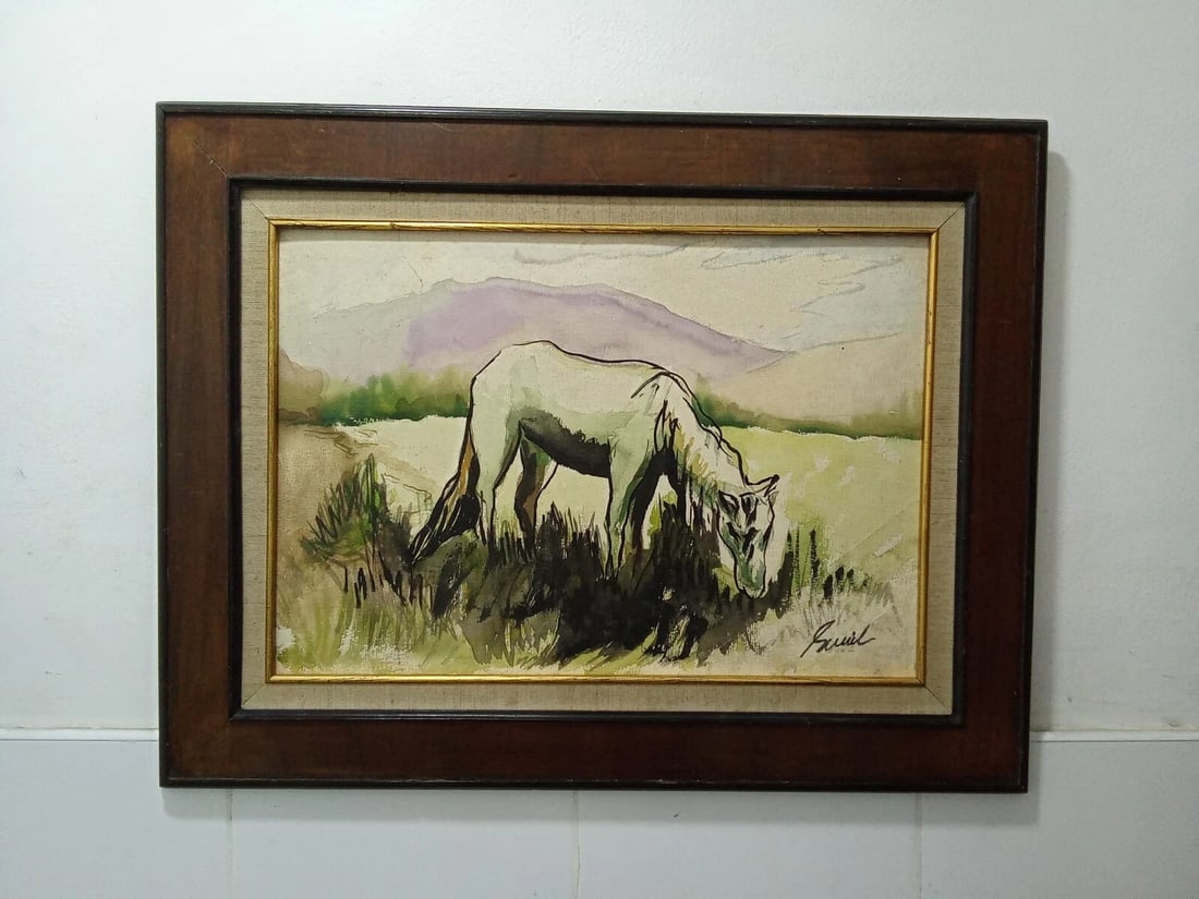 IN THE MANNER OF SUNIL DAS (1939 - 2015)- INK & Watercolor Painting: IN THE MANNER OF Sunil Das (1939-2015) Untitled (Horse under warm sky) Signed ''Sunil Das2 lower right watercolou, Ink on buff cardboard 14 x 20 inch / Frame 21 x 27 Inch Reserve: $3,250.00 Shipping: