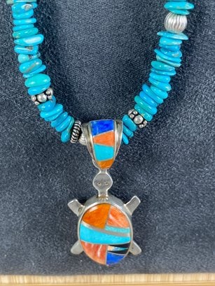 Lovely Native American Navajo Sterling Silver Turtle Pendant With Inlaid Stones On Beaded Chain By V (1 of 20)