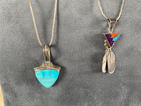 Two Native American Sterling Silver Pendant Necklaces With Inlaid Stones Including Duran Gasper (1 of 18)