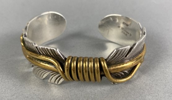 Striking Navajo12K GF & Sterling Silver Double Feather Cuff Bracelet By M Thomas Jr (1 of 14)