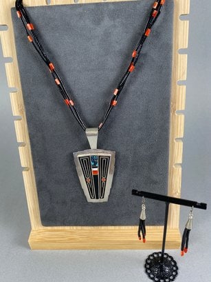 Native American Channel Inlay Pendant Necklace & Earrings By Albert Nells (1 of 12)