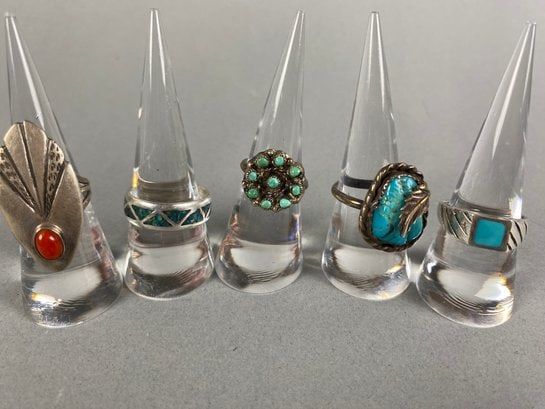 Five Beautiful Vintage Native American Style Turquoise & Coral Statement Rings (1 of 20)