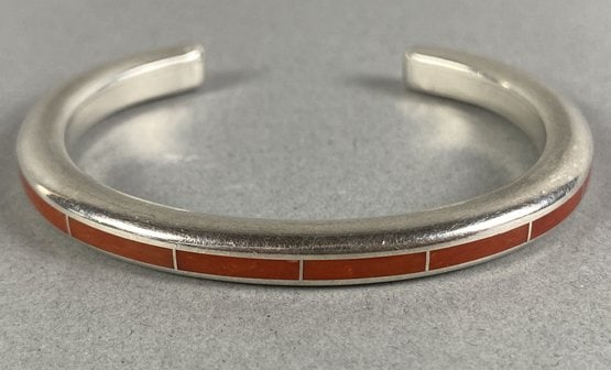 Beautiful Sterling Silver Zuni Native American Channel Cuff Bracelet With Inlaid Coral By Larry (1 of 14)