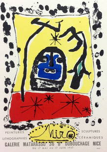 Joan Miro Lithograph 54 Expo 1957 Art in posters: Title: Miro 1957 Artist: Joan Miro Country: Spain Medium: Lithograph Paper size: 12.5 X 9.5 inch Printed: 1959 by Mourlot Freres, France Provenance: Art in posters book 1959 Condition: Very good