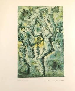 1973 Andre Masson Caprice villageois N.10: Artist: Andre Masson Country: France Title: Caprice villageois - 10 Medium: Offset Marks: Fascimile Signature Paper Size: 14 x 11.75 inch Printed: 1973 in Switzerland Provenance: Masson Graphik
