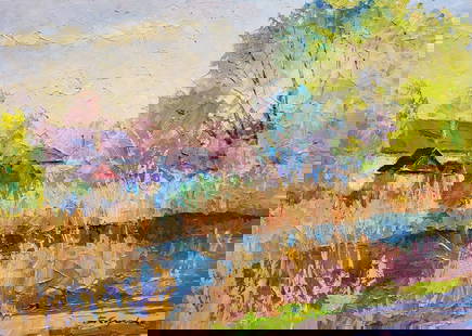 Oil painting Sunny April Boris Serdyuk: &#8470;SERB 1077 "Sunny April" is a vibrant and enchanting oil painting that captures the serene beauty of an early spring day. The scene depicts a peaceful countryside view, bathed in the soft, golde