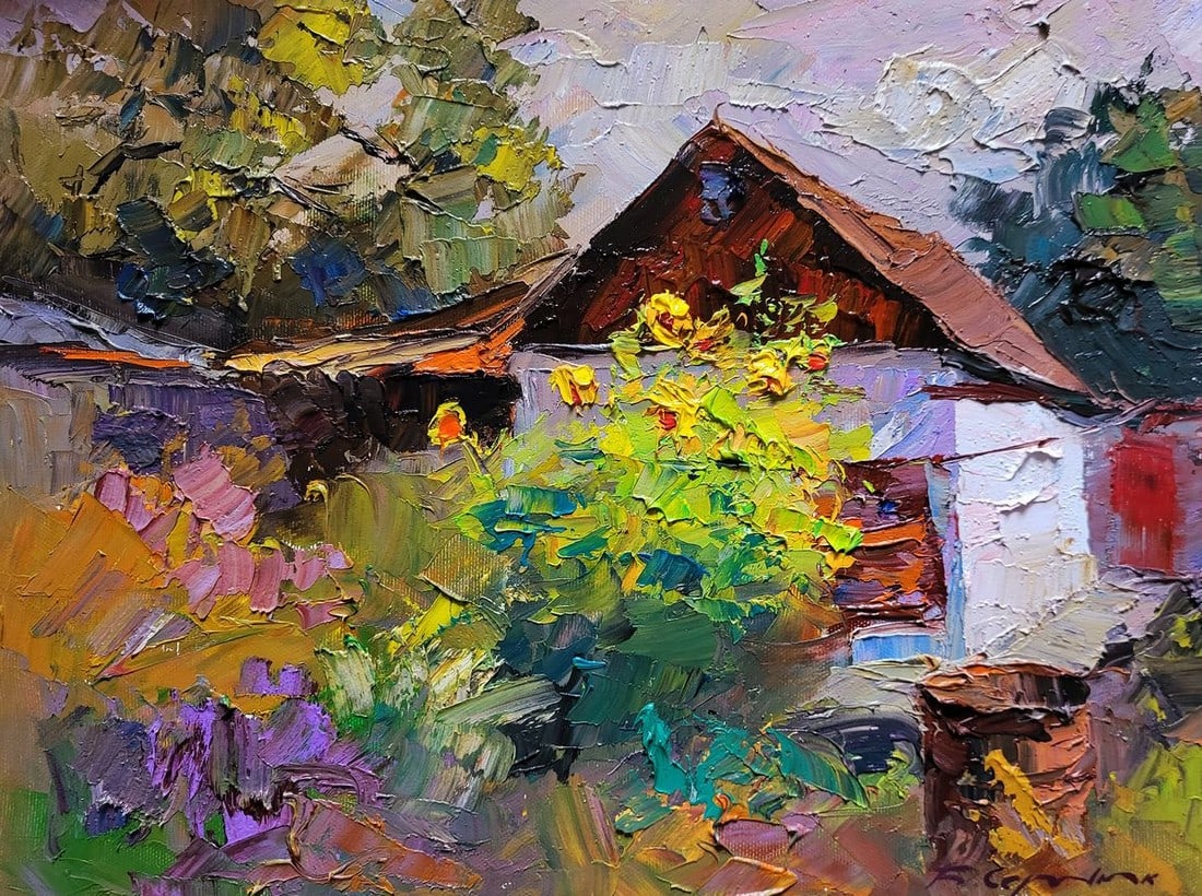 Oil painting Sunflowers in the garden Boris Serdyuk: ?SERB 1119 The painting titled "Sunflowers in the Garden" captures a cozy and picturesque corner of a rural setting, filled with vibrant colors and the warmth of a summer day. The central focus of the