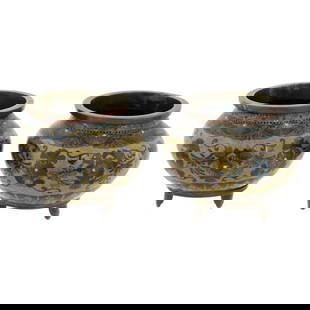 A Pair of Early Japanese Cloisonne Enamel Censors Attributed to Honda Yasaburo: About the Item A pair of high quality Japanese early Meiji period bronze and cloisonne enamel planter pots or koro incense burners, each of a globular form with a short flared neck, the exterior is de