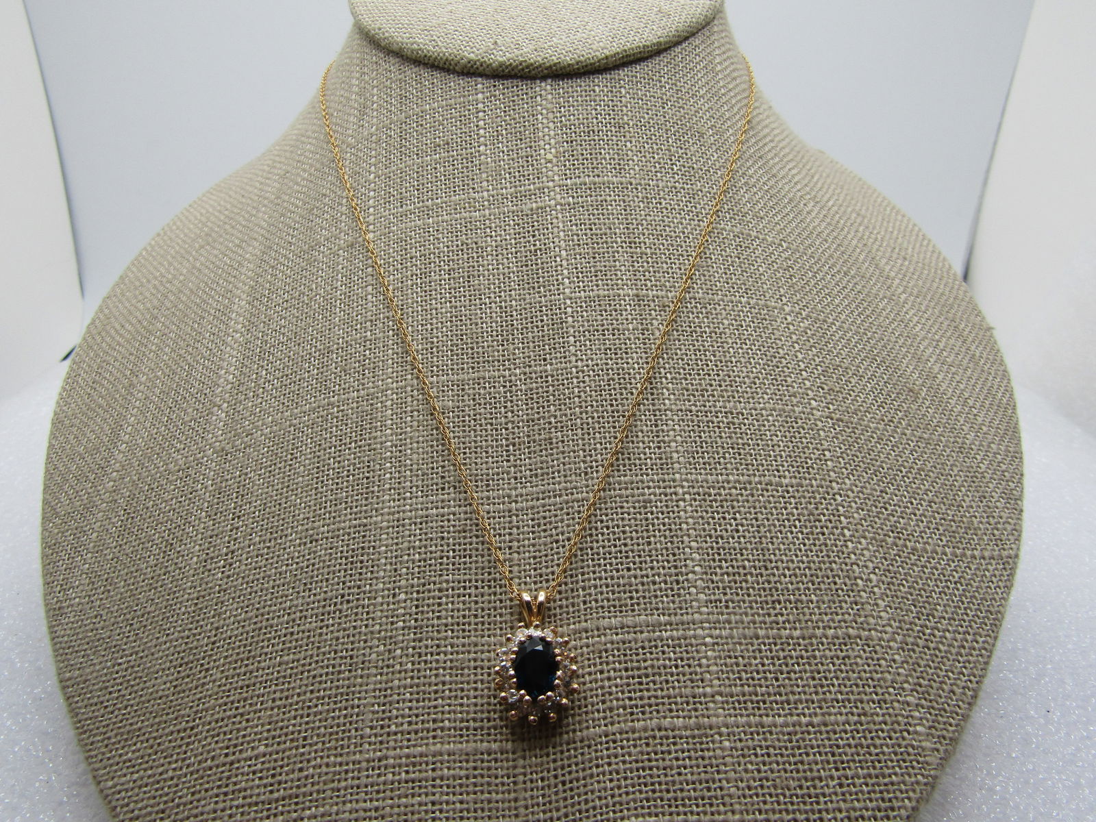 Vintage 14kt Blue Sapphire Diamond Necklace, 16", 1970's-1980's, Signed: Title:Vintage 14kt Blue Sapphire Diamond Necklace, 16", 1970's-1980's, Signed Description:Vintage 14kt Blue Sapphire Diamond Necklace, 16", 1970's-1980's, Signed XL and marked 14kt and tests as 14kt w