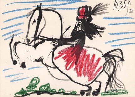 1961 Pablo Picasso Toros y Toreros 12 dated 10/3/59: Artist: Pablo Picasso Country: Spain Title: Toros y Toreros 12 dated 10/3/59 Medium: Quadrichromie Paper size: Vellum paper 14.75 x 10.50 inch Publisher: Editions Cercle d'Art 1961, France Provenance: