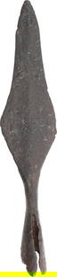 VIKING RAIDER'S SOCKETED ARROWHEAD, 9th-10th C.AD: Large example. 4 1/4" length with tapered side butted seam socket, (small chips along the bottom). The slender point thickened in the middle for penetration of the leather armor of their opponents. Ma