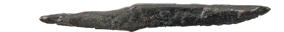 VIKING SIDE KNIFE OR POUCH KNIFE, 879 - 1067 AD: Cambridgeshire, England. Just over 2 1/4" (2.28") total length with tapered " whittle tang" which identifies these, as they were used without guards, mounted in a wood or antler grip. (See https://lea