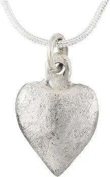 CLASSIC VIKING HEART PENDANT NECKLACE 9th-10th CENTURY AD: Silvered bronze. Just over 3/4" height. Elegant, fully developed form of the domed section with slight medial ridge and indented cusped top. Made by the open face mold technique. The surface is lightl