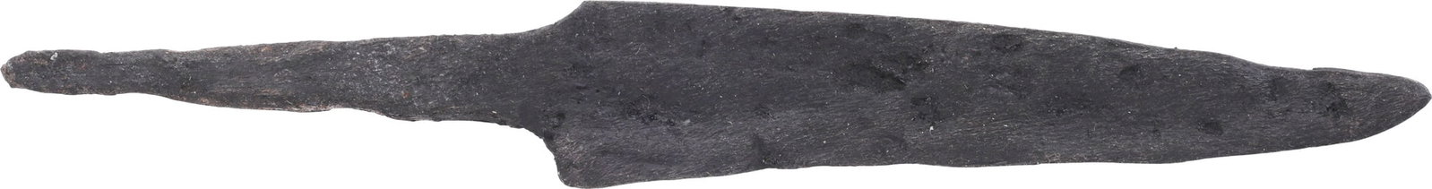 ANCIENT VIKING POUCH KNIFE, 9th-11th CENTURY: 4" total length. Wedge section blade for slashing with a slightly dropped point in the scramseax style for thrusting. Whittle tang, to secure it to the wood, bone, or antler grip, now perished. (See h
