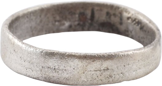 VIKING WOMAN’S RING C.850-1050AD: Silvered bronze, size 6 ¾ with flat face, 3.6mm width, decorated with two bands resulting in a five rank or band effect. The surface worn from decades of use. Professionally refurbished with the 