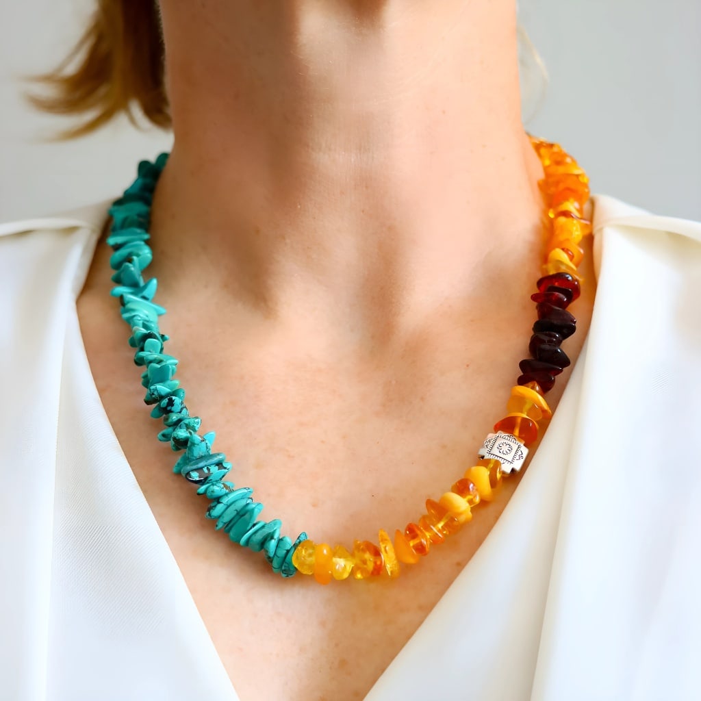 Turquoise Necklace with Baltic Amber – Southwestern Beaded Statement Piece 20” (1 of 10)