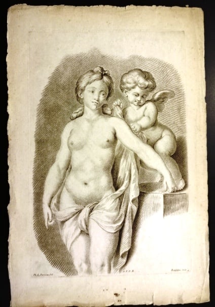 1780 Fine Etching Parizeau Venus and Cupid: Engraving of Venus and Cupid by Philippe-Louis Parizeau (1740-1801) printed at Paris circa 1780 by Roubillac (A.P.D.R). On laid paper, Fine condition, measures 17.5 x 11.5". Reserve: $50.00 Shipping: