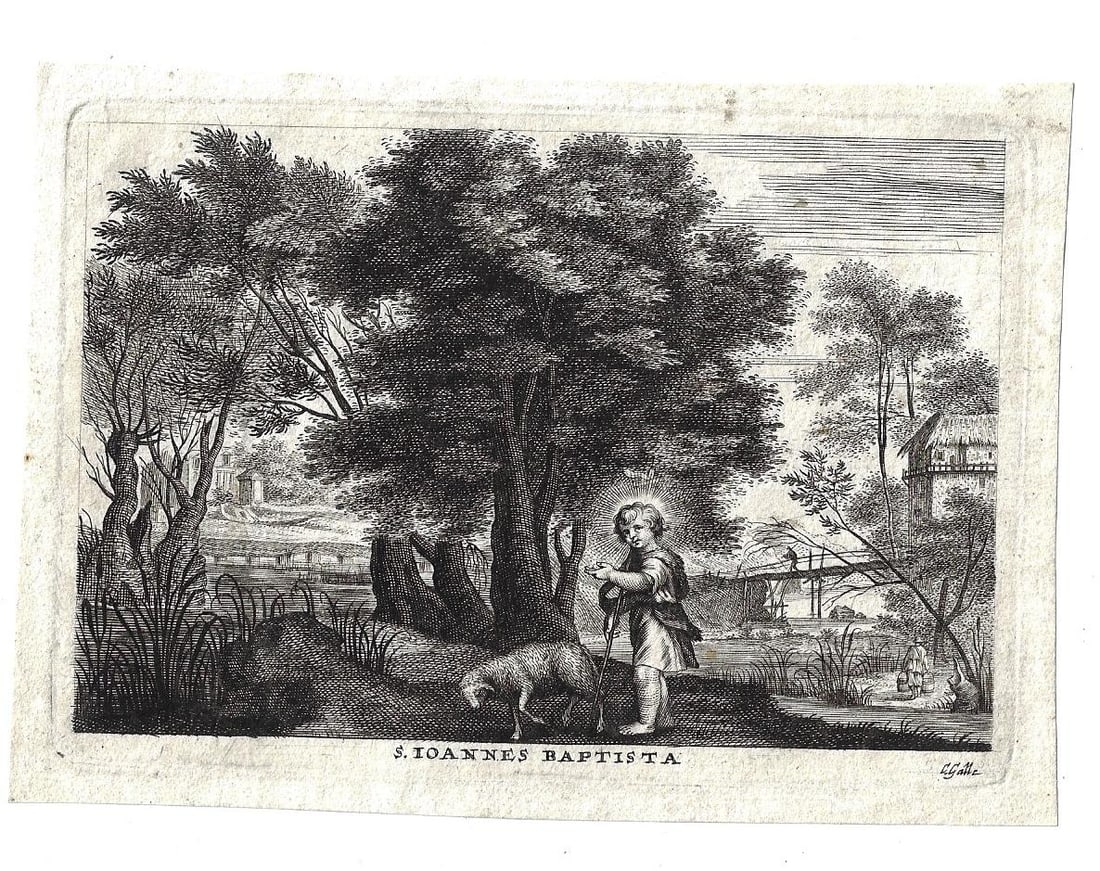 1650 Cornelis Galle Engraving of John the Baptist: An engraving by Cornelis Galle the Younger (1615-1678) entitled "S, Joannis Baptista" and inscribed in lower cormer C. Galle. Circa 1650. Flemish. Fine condition, light mounting traces on verso, measu