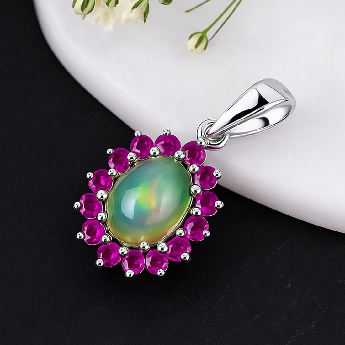 Natural Opal & Ruby Sterling Silver Pendant (1 of 4)