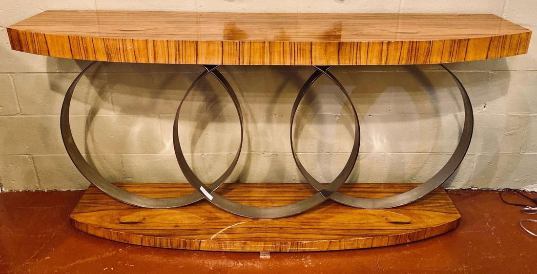 Art Deco Style Console Table Mid Century Modern Heavy Three Chrome Loops: Title: Art Deco Style Console Table Mid Century Modern Heavy Three Chrome Loops Description: An intriguing console table in the Art Deco taste, Mid-Century Modern, the top and bottom plinths are suppo